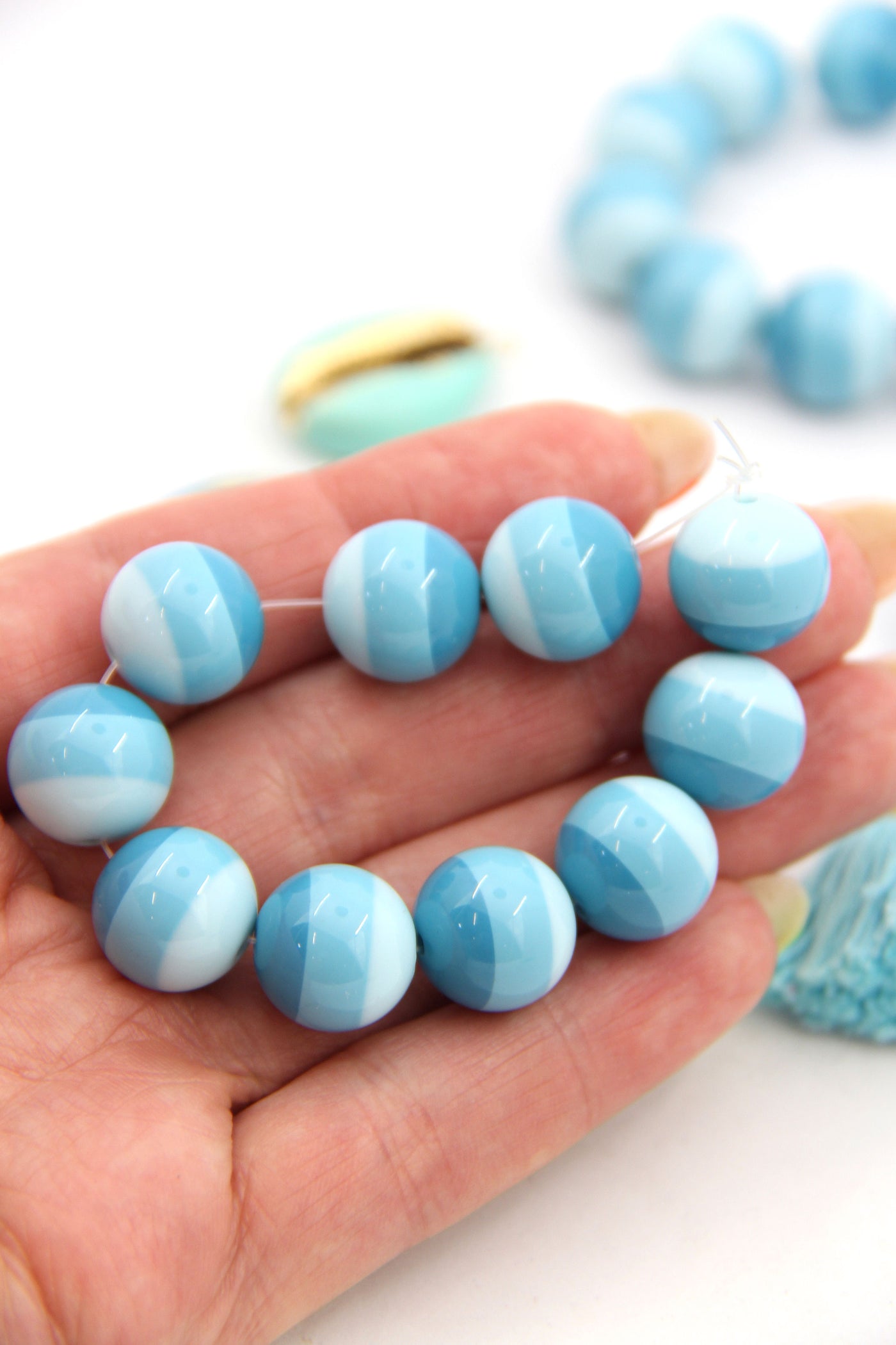 Blue Striped Italian Poly Resin Round Beads, 14mm, 10 Beads, Beachy DIY Jewelry