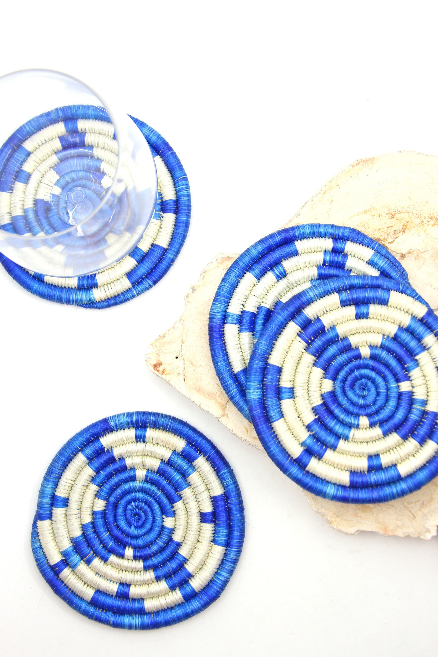 Blue & White Woven Coasters, Sisal & Sweetgrass, from Rwanda, Set of 4