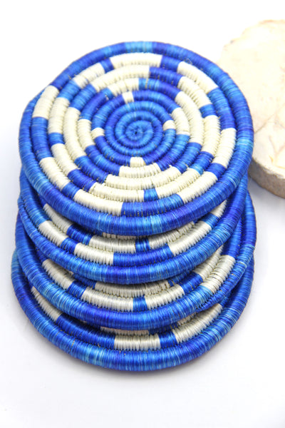 Blue & White Woven Coasters, Sisal & Sweetgrass, from Rwanda, Set of 4