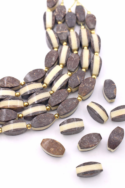 Bone Beads: Brown & Cream Layered Laminated Spacers, 11x21mm, 8 beads