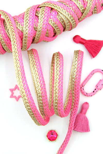Bubblegum Pink & Metallic Gold Woven Skinny Ribbon, 3/8"  wide