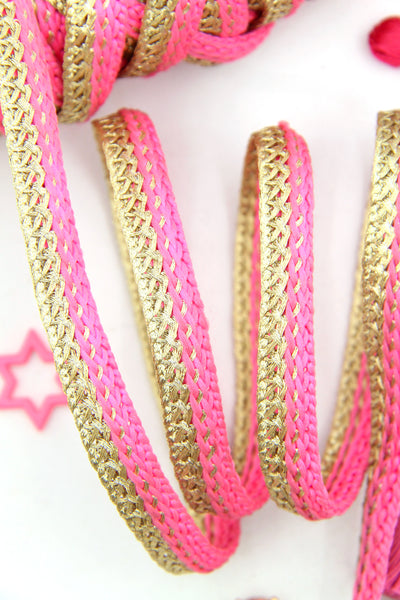 Bubblegum Pink & Metallic Gold Woven Skinny Ribbon, 3/8"  wide