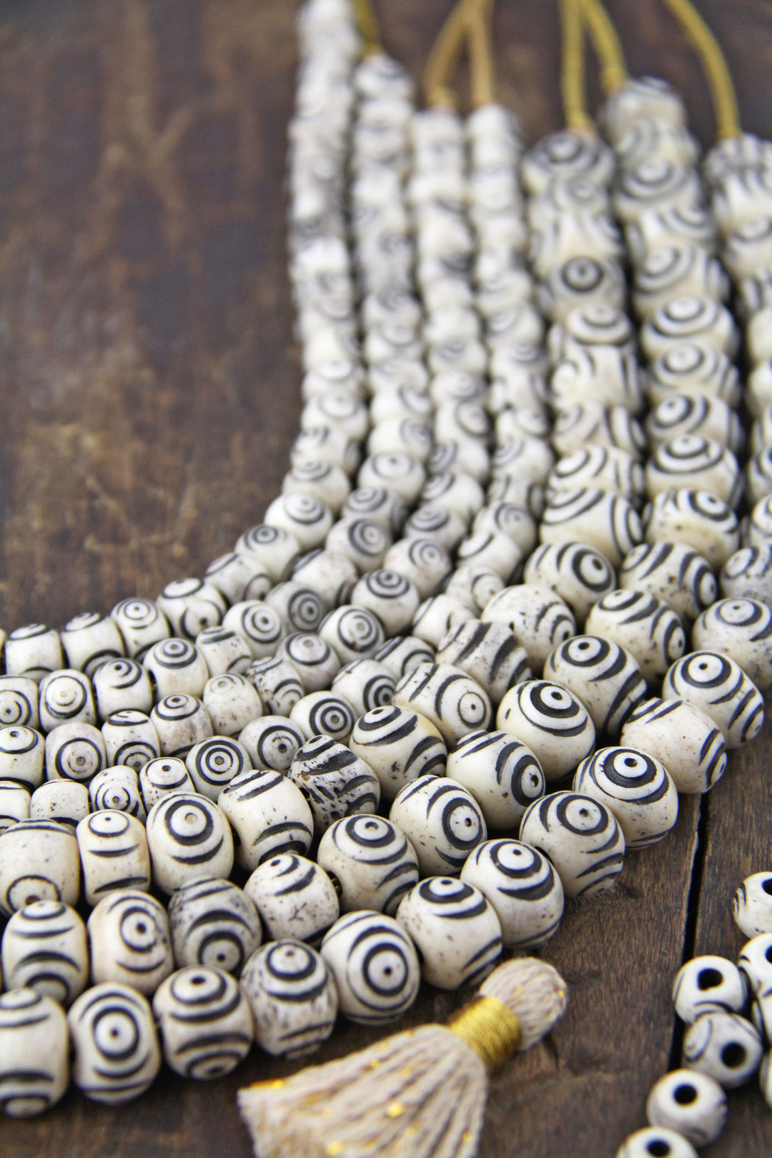 Cream & Black Bullseye Carved Melon Bone Beads, 8mm, 12mm
