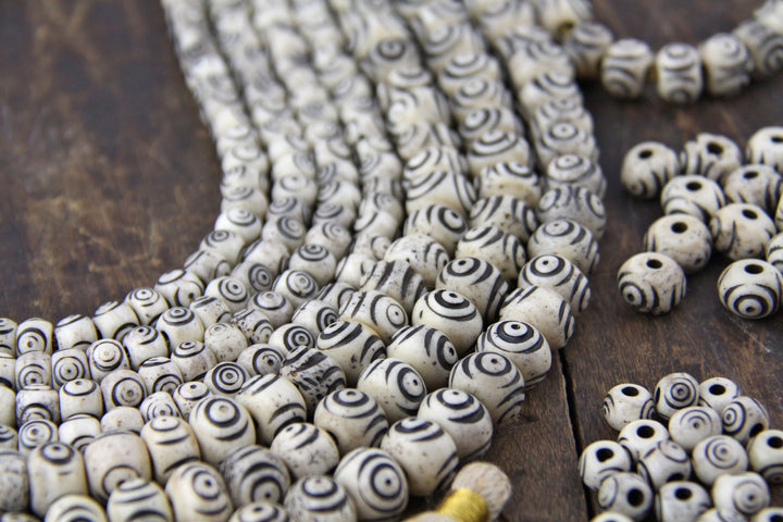 Cream & Black Bullseye Carved Melon Bone Beads, 8mm, 12mm