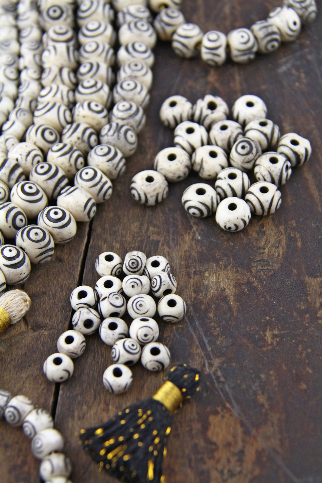 Cream & Black Bullseye Carved Melon Bone Beads, 8mm, 12mm