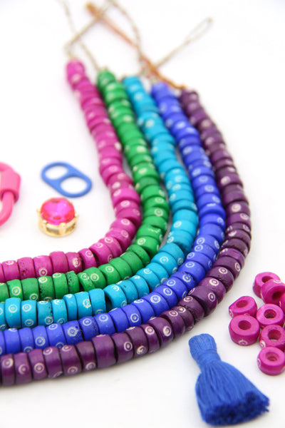 Bold & Bright Rondelle Bone Beads: Bullseye Hand Carved Pattern, 9x5mm, 40 beads
