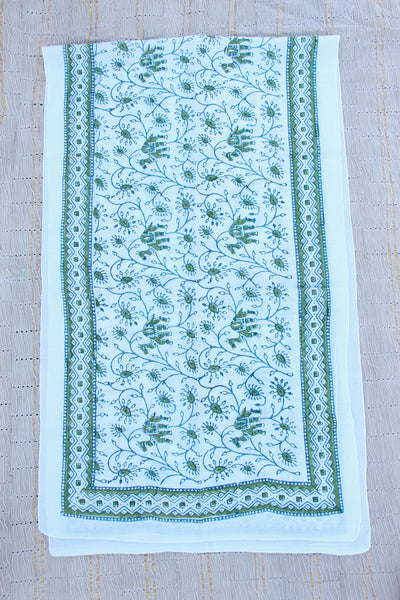 Green and  Blue Floral Hand Block Print Scarf, Cotton, from India