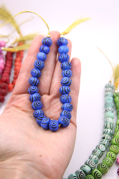 Blue Carved Bullseye Pattern Bone Beads