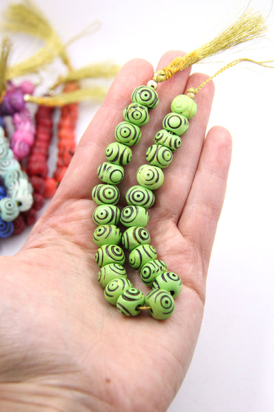 Lime Green Carved Bullseye Pattern Bone Beads
