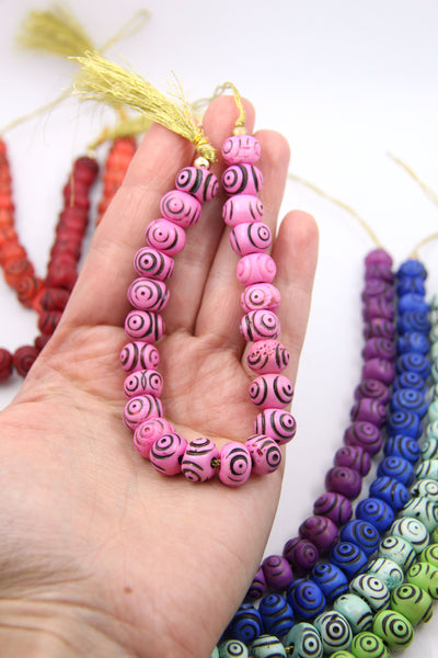 Pink Carved Bullseye Pattern Bone Beads