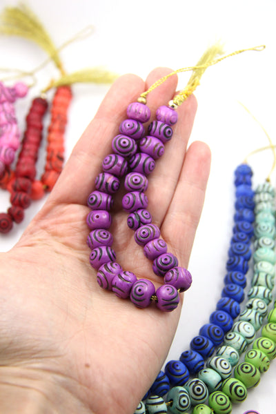 Purple Carved Bullseye Pattern Bone Beads