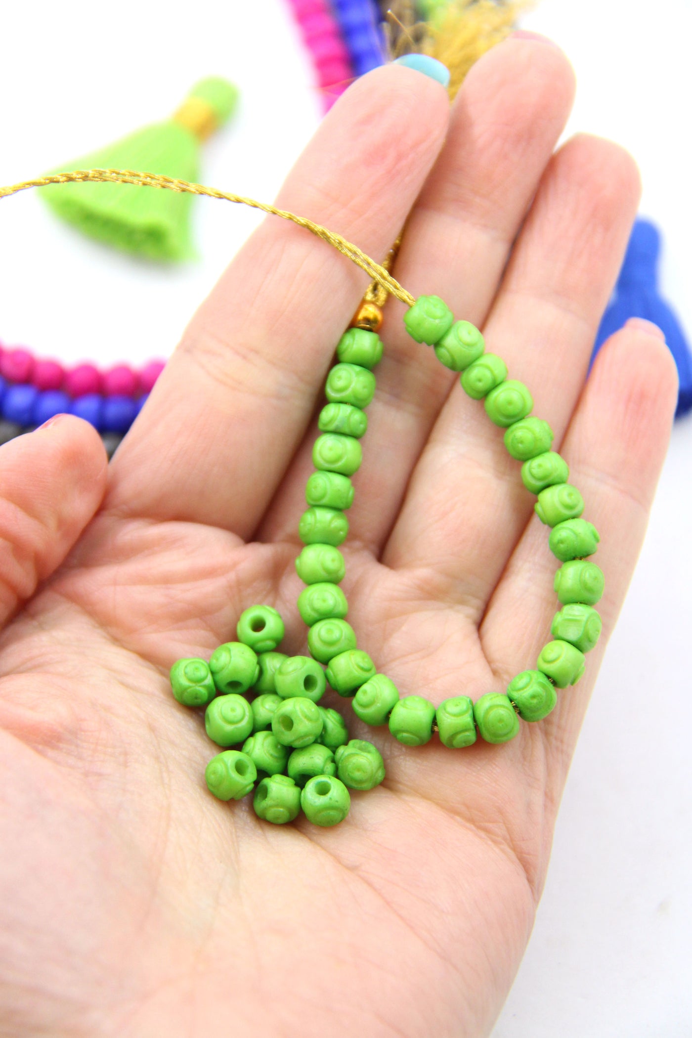 Lime Green Round Carved Bone Beads
