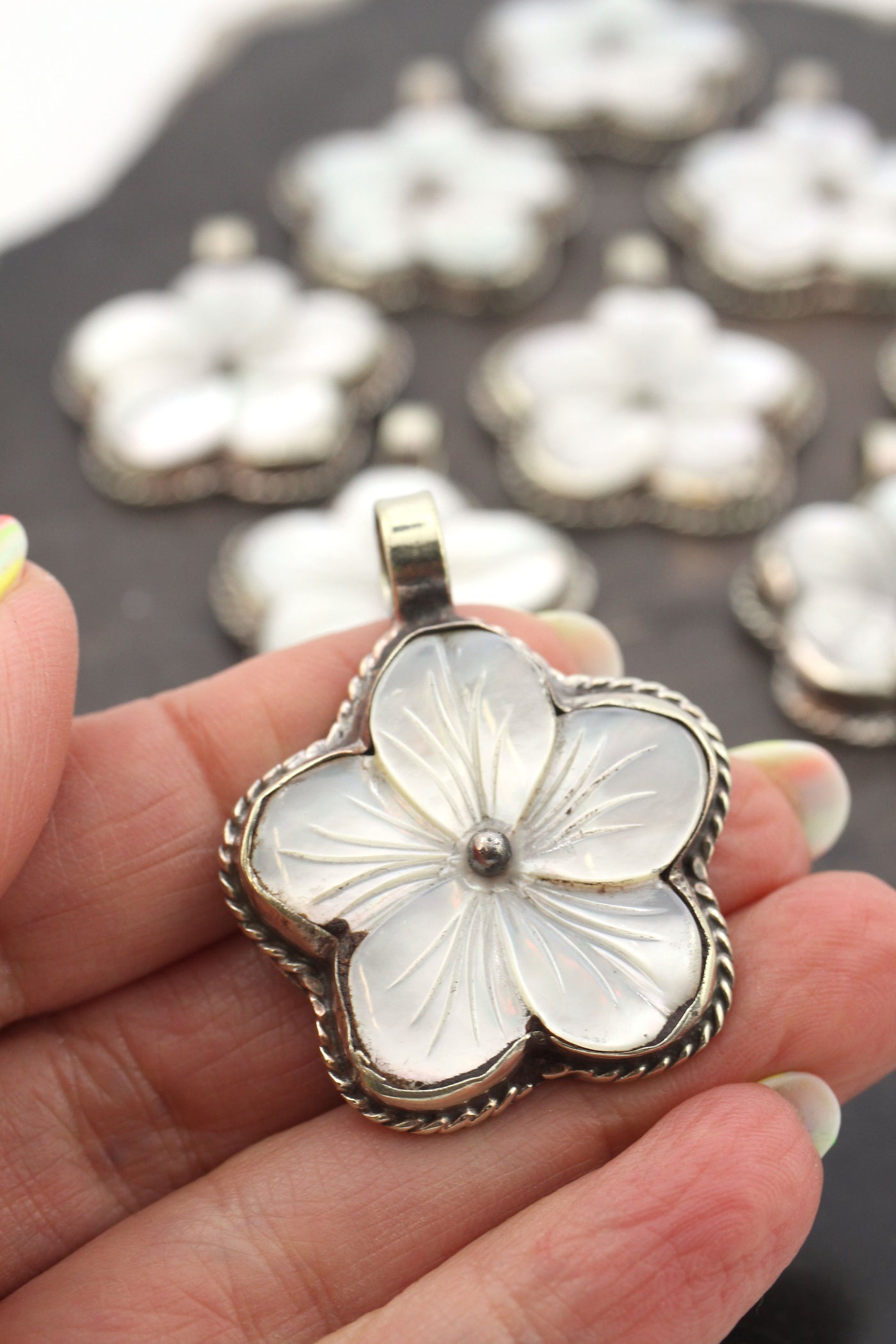 Cottagecore Pendant Flower Carved Mother of Pearl Pendant, White Brass, from Nepal, 1.5+"