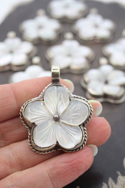 Flower Carved Mother of Pearl Pendant, White Brass, from Nepal, 1.5+"