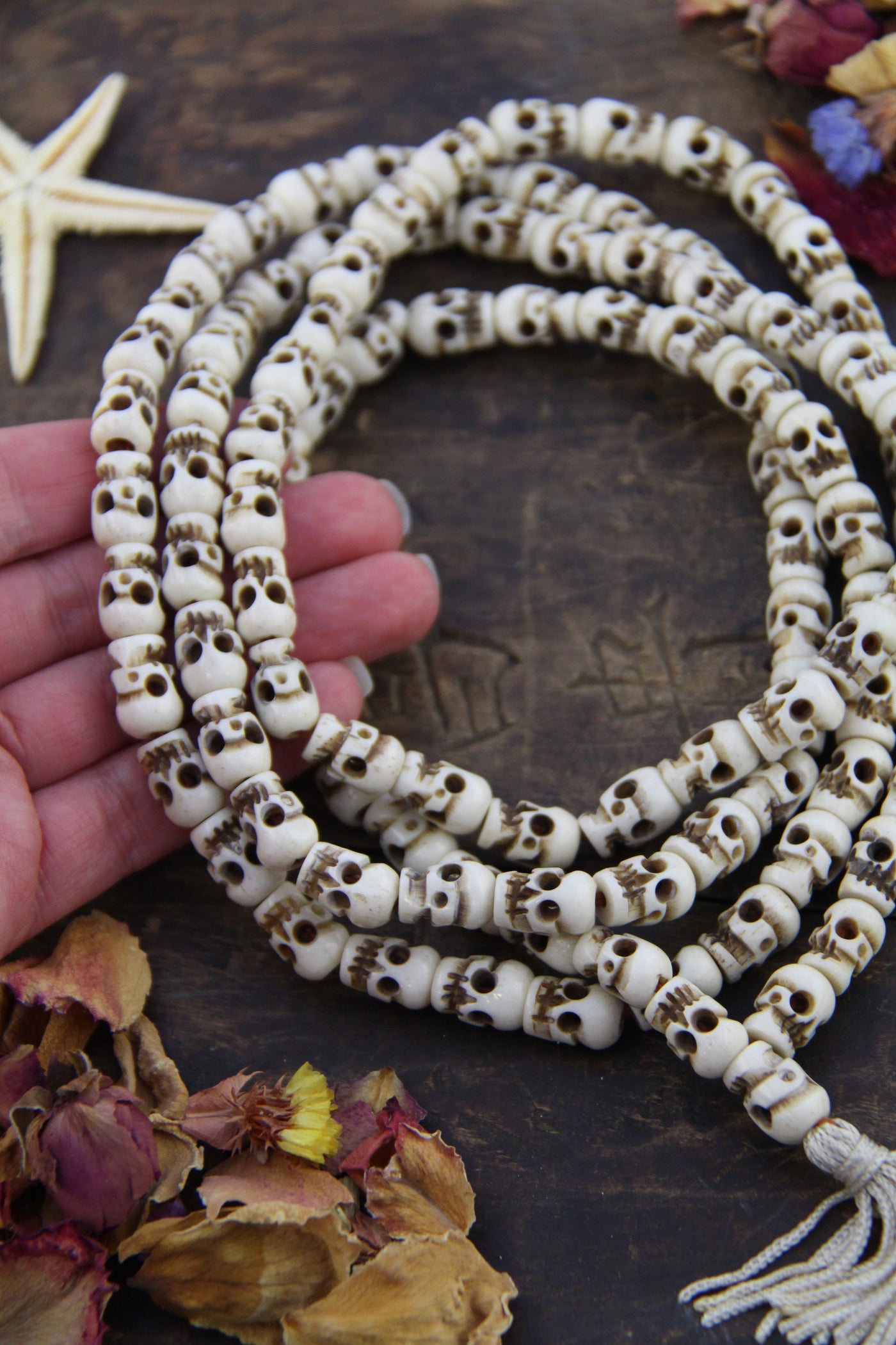 Hand-Carved Skull Bone Beads, 108 Bead Mala