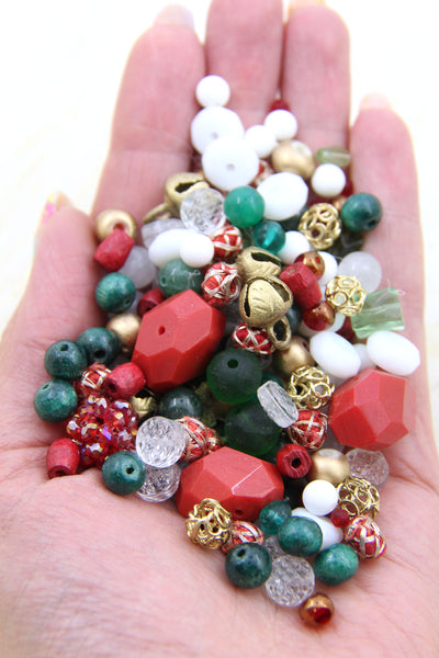 Christmas Bead Grab Bag, Red, Green, White, Gold, Brass Bells, 125+ beads.