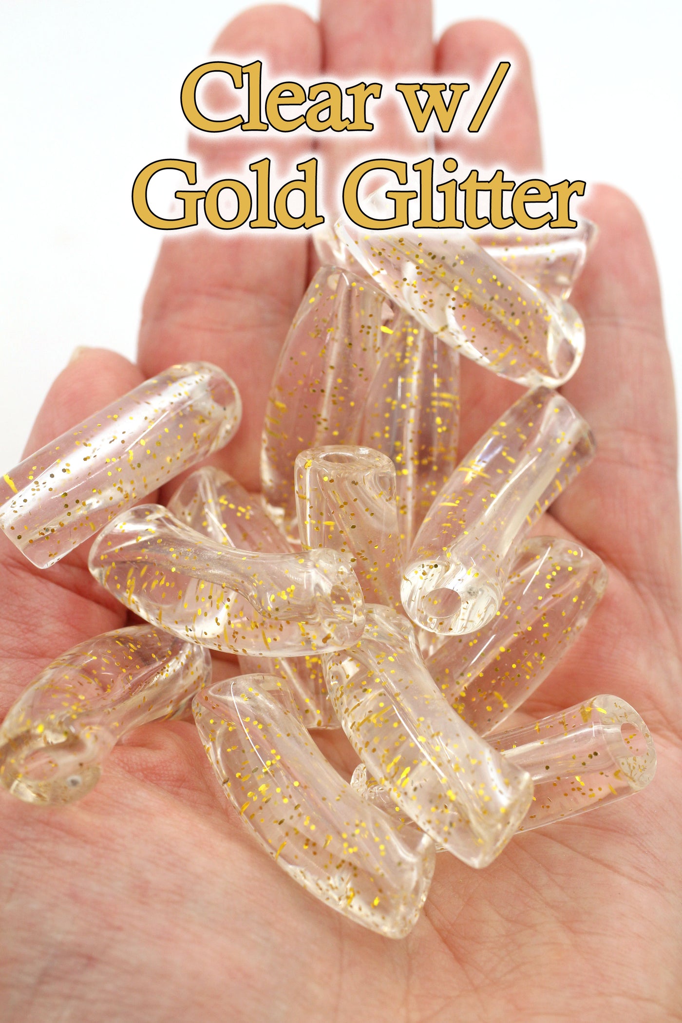 Gold Glitter Acrylic Bamboo Beads, Curved Tube Beads, 12mm, Wholesale pricing
