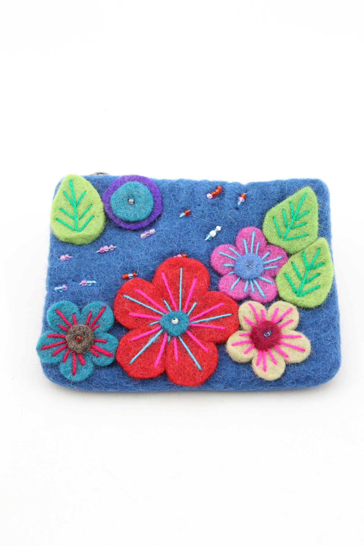 Turquoise Floral Felted Wool Pouch, Coin Purse w/ Zipper, Fair Trade from Nepal