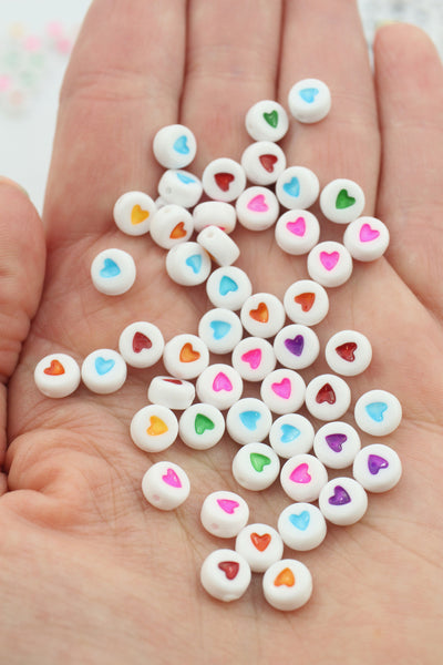 Heart Beads, White with Colors or Black, Acrylic, 7mm Round, Approx. 35 beads