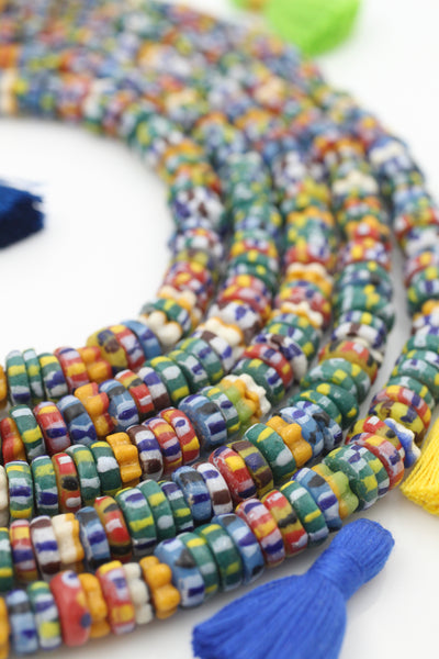 Multi-Colored Aja Striped Krobo Ghana Glass Bead Necklace, 10x4mm, 210+ pieces