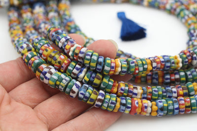 Multi-Colored Aja Striped Krobo Ghana Glass Bead Necklace, 10x4mm, 210+ pieces