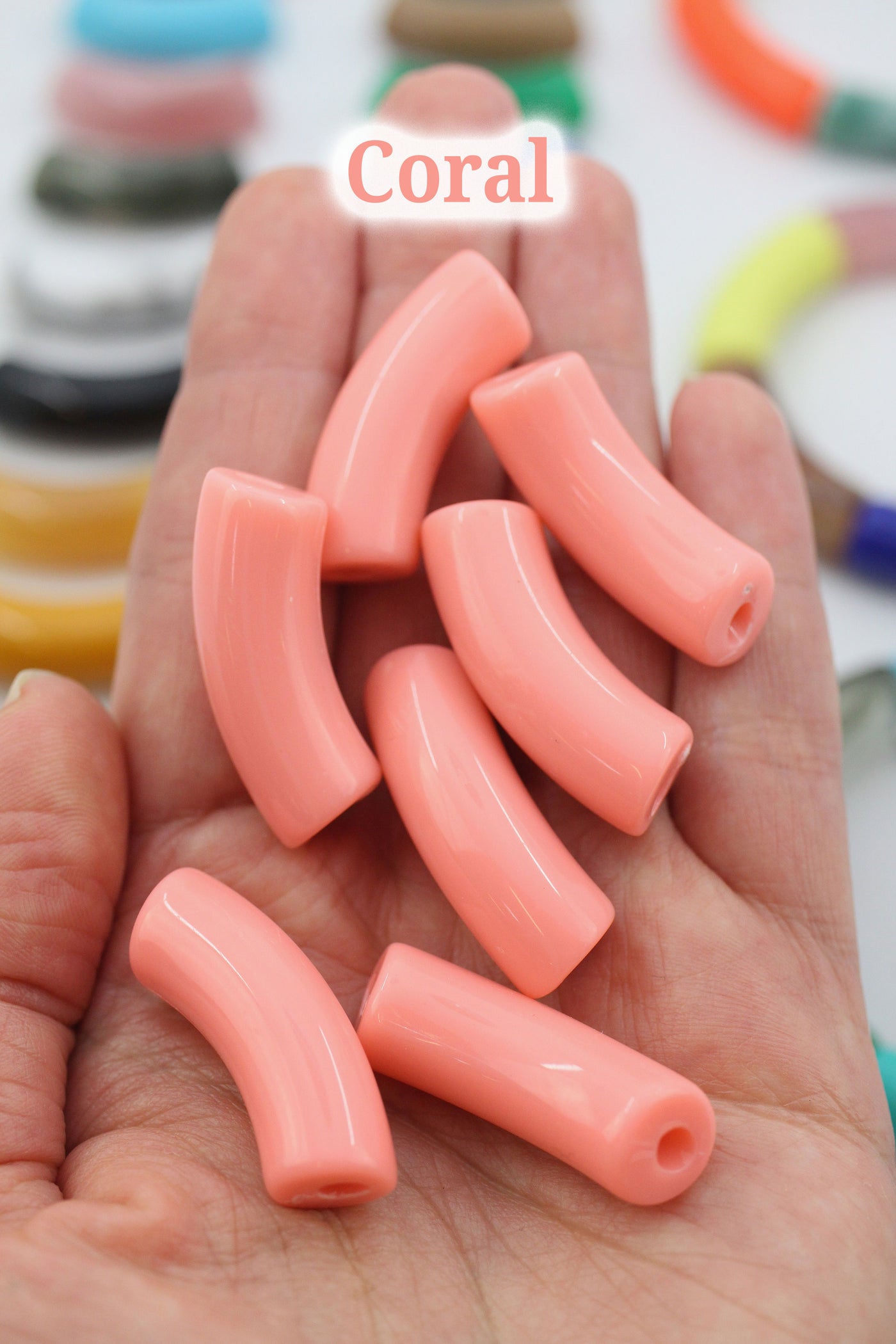 Coral Acrylic Bamboo Beads, Curved Tube Beads, 12mm Colorful Bangle Beads
