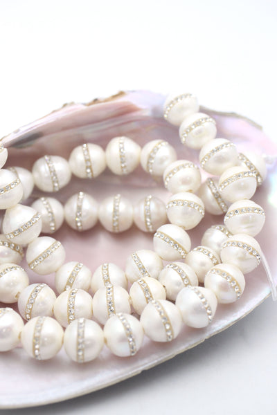 Large Hole Pearls w/ Crystal Band, 12mm, 2mm Hole, Half Strand, 18 beads