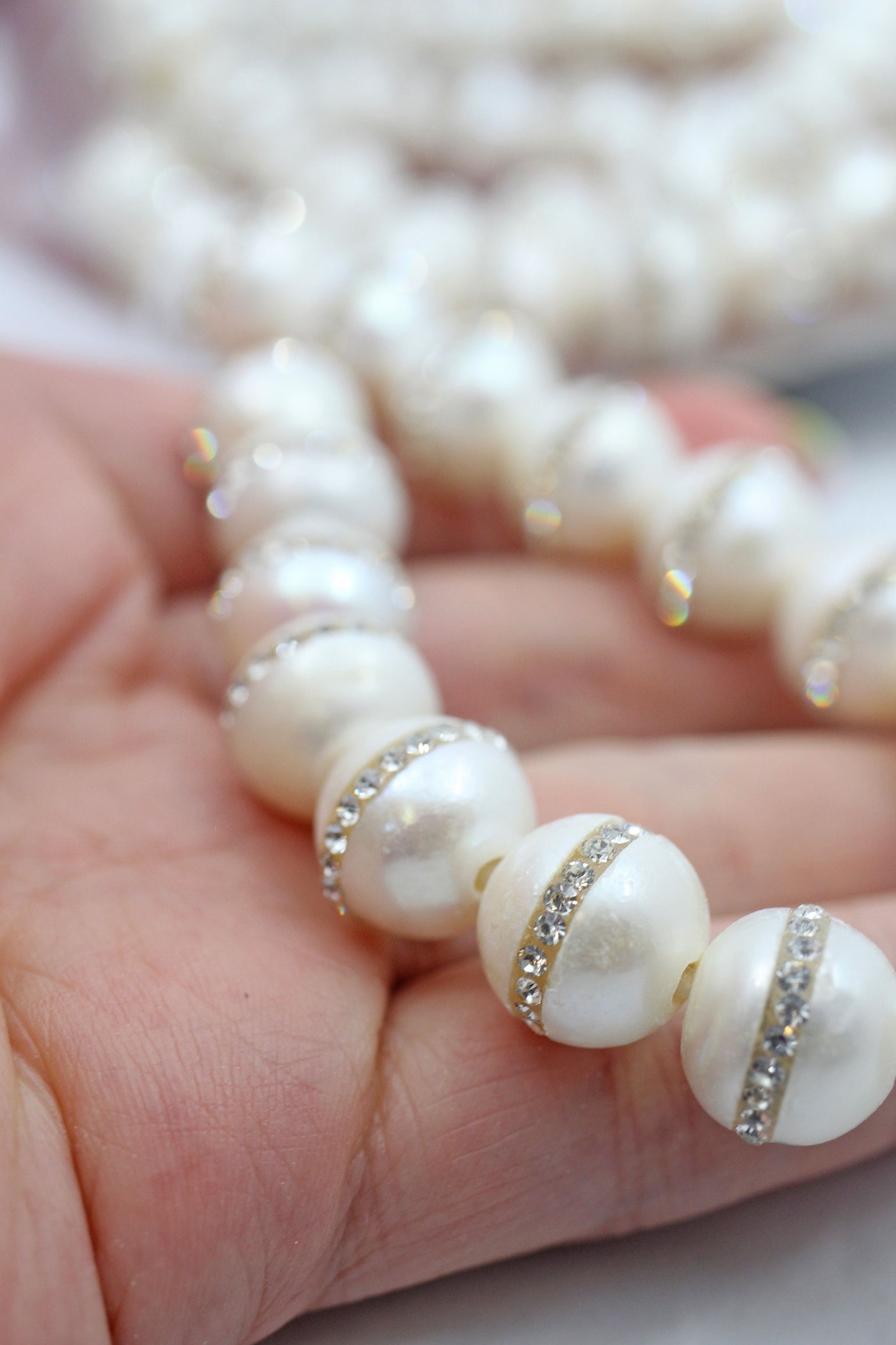Large Hole Pearls w/ Crystal Band, 12mm, 2mm Hole, Half Strand, 18 beads