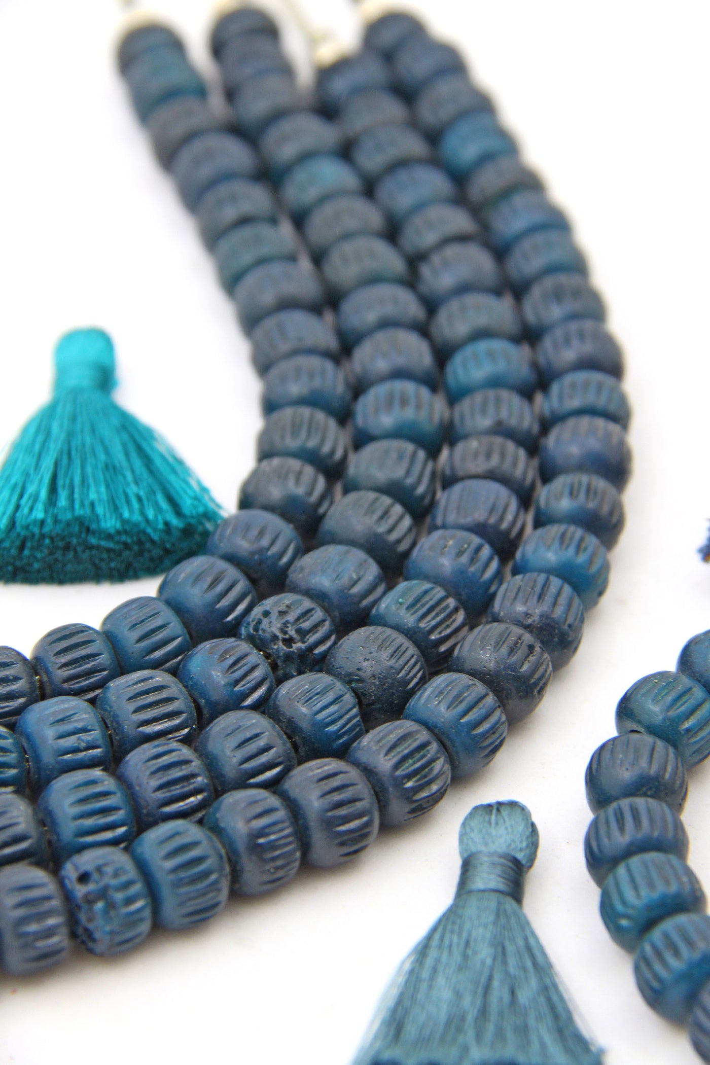Deep Lake Green Grooved Melon Hand Carved Bone Beads, 10x8mm