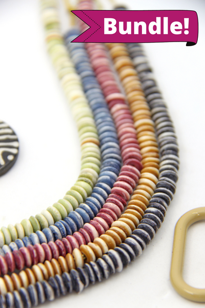 Bead Bundle: Handmade Saucer Heishi Disc Spacer Bone Beads, 6x2mm, 5 Strands & Colors, 400+ Beads