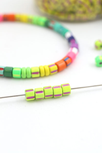 Neon Yellow Striped Candy Disc Enamel Heishi Beads, 4mm, for Stretch Bracelets