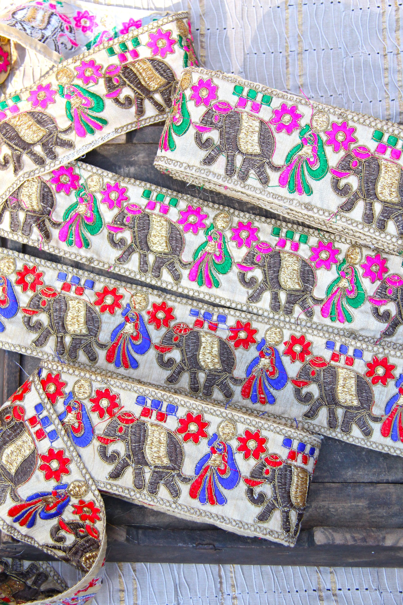 Golden Elephant Parade: Embroidered Silk Ribbon, Sari Border, 3.25"