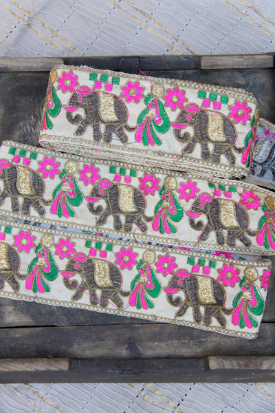 Golden Elephant Parade: Embroidered Silk Ribbon, Sari Border, 3.25"