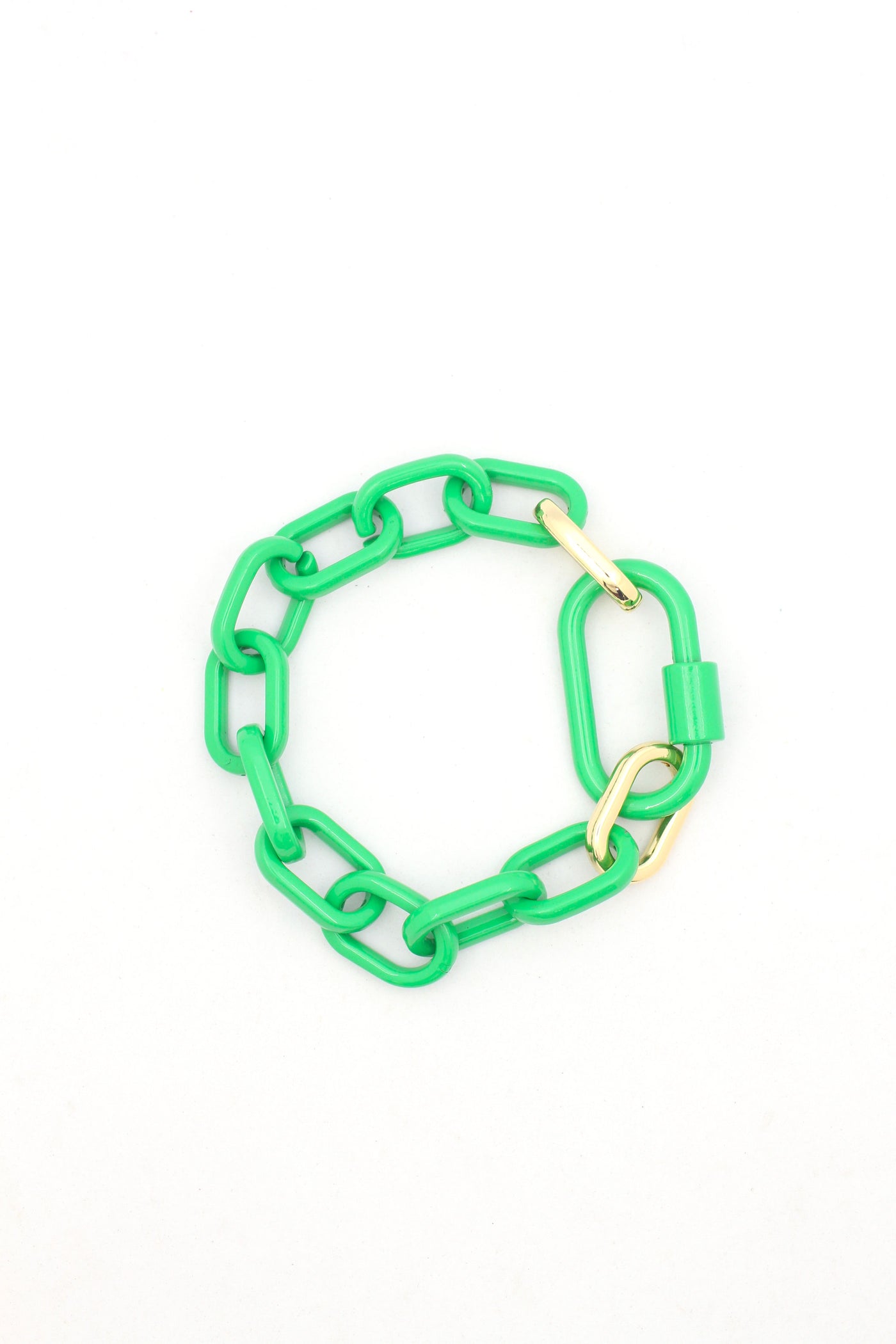 Green Mardi Gras Luxe Link Enamel Chain Bracelet with Carabiner Lock Clasp
