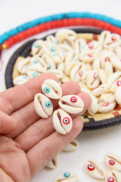 Cowry Shell Charm with Painted Evil Eye, 13x20mm, 5 pcs.