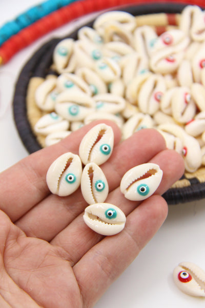 Cowry Shell Charm with Painted Evil Eye, 13x20mm, 5 pcs.