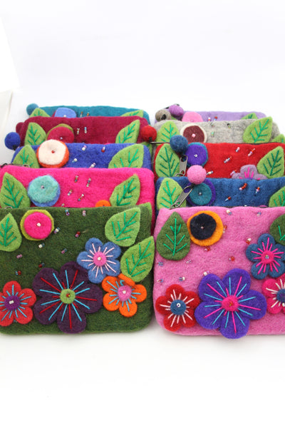 Colorful Floral Felted Wool Pouch, Coin Change Purse w/ Zipper, Fair Trade from Nepal