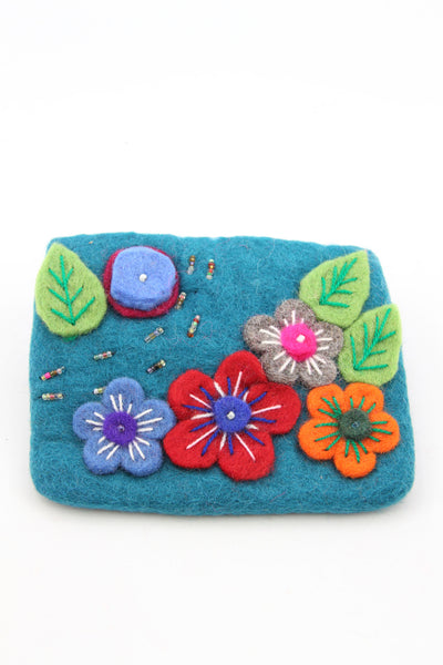 Blue Floral Felted Wool Pouch, Coin Purse w/ Zipper, Fair Trade from Nepal