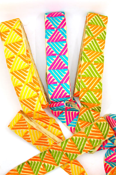 Geometric Ribbon: Orange, Yellow Green, Pink, Turquoise Embroidered Silk Trim,  1 7/8"