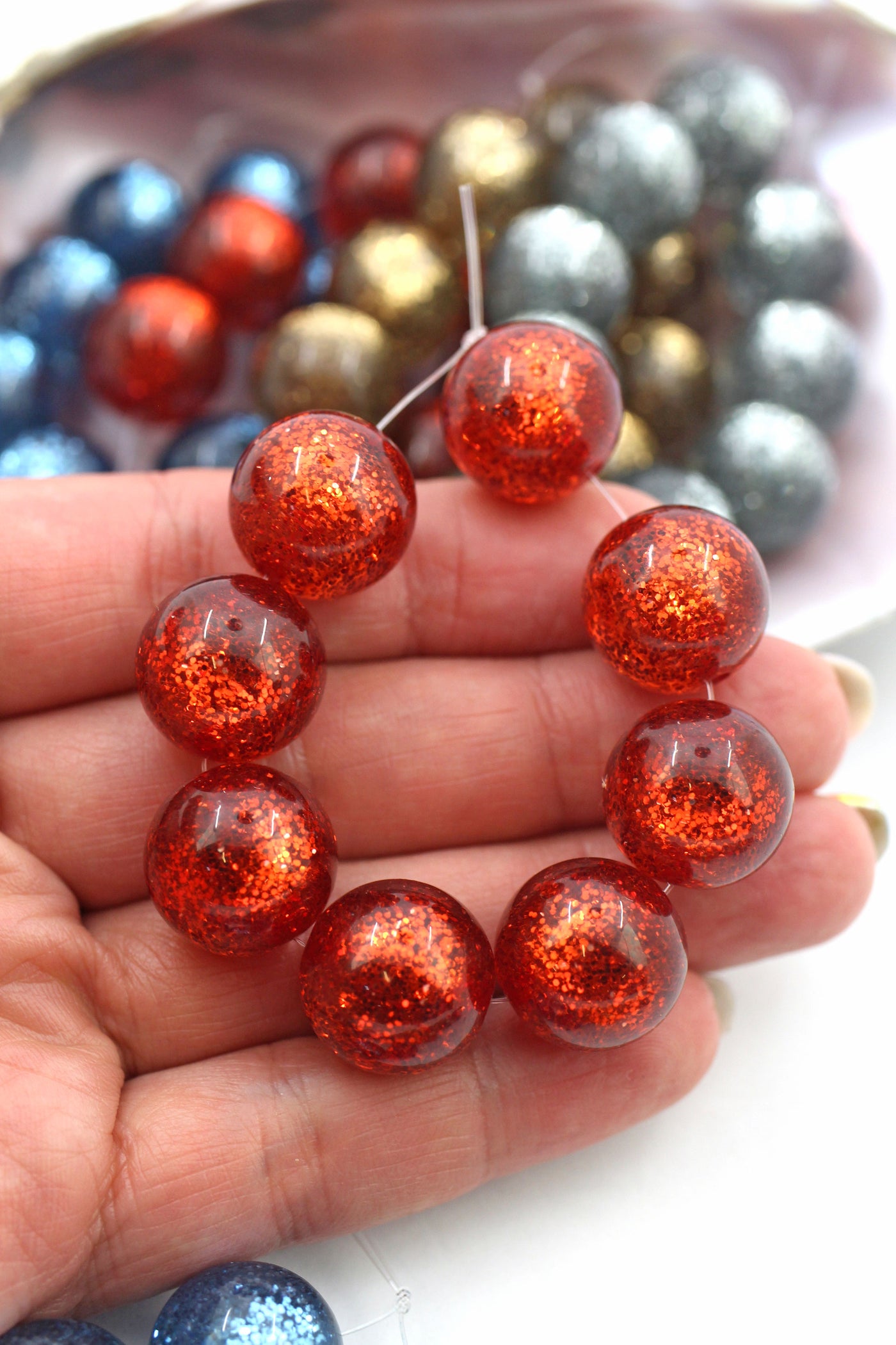 Glittery Round Italian Resin Beads, 16mm, 8pc, Pink, Blue, Gold
