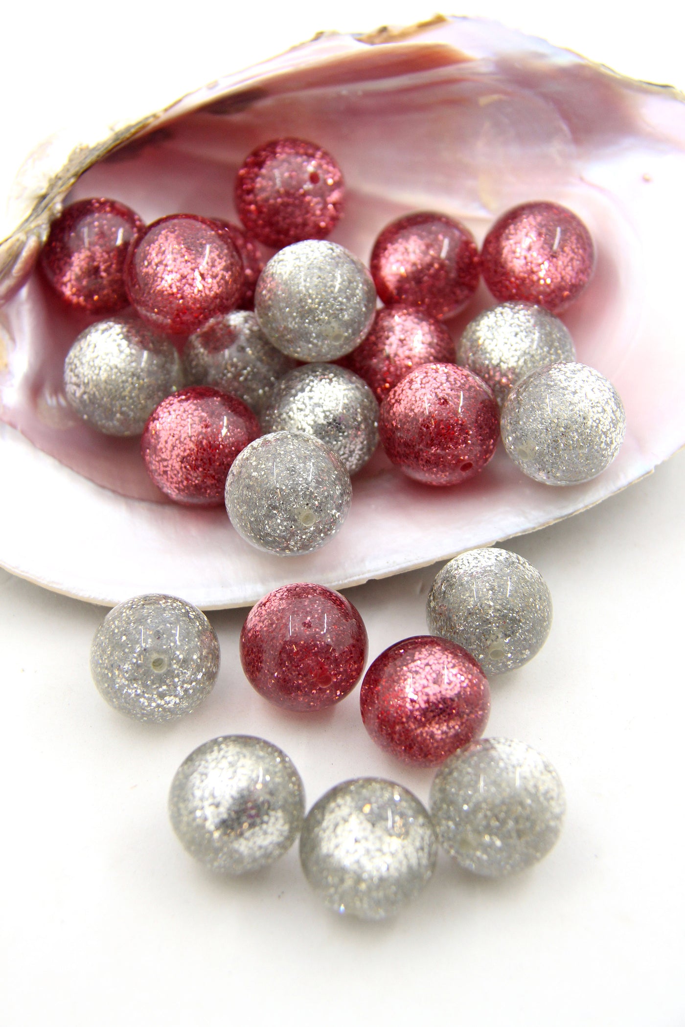 Silver and Rose colored large resin glittery beads