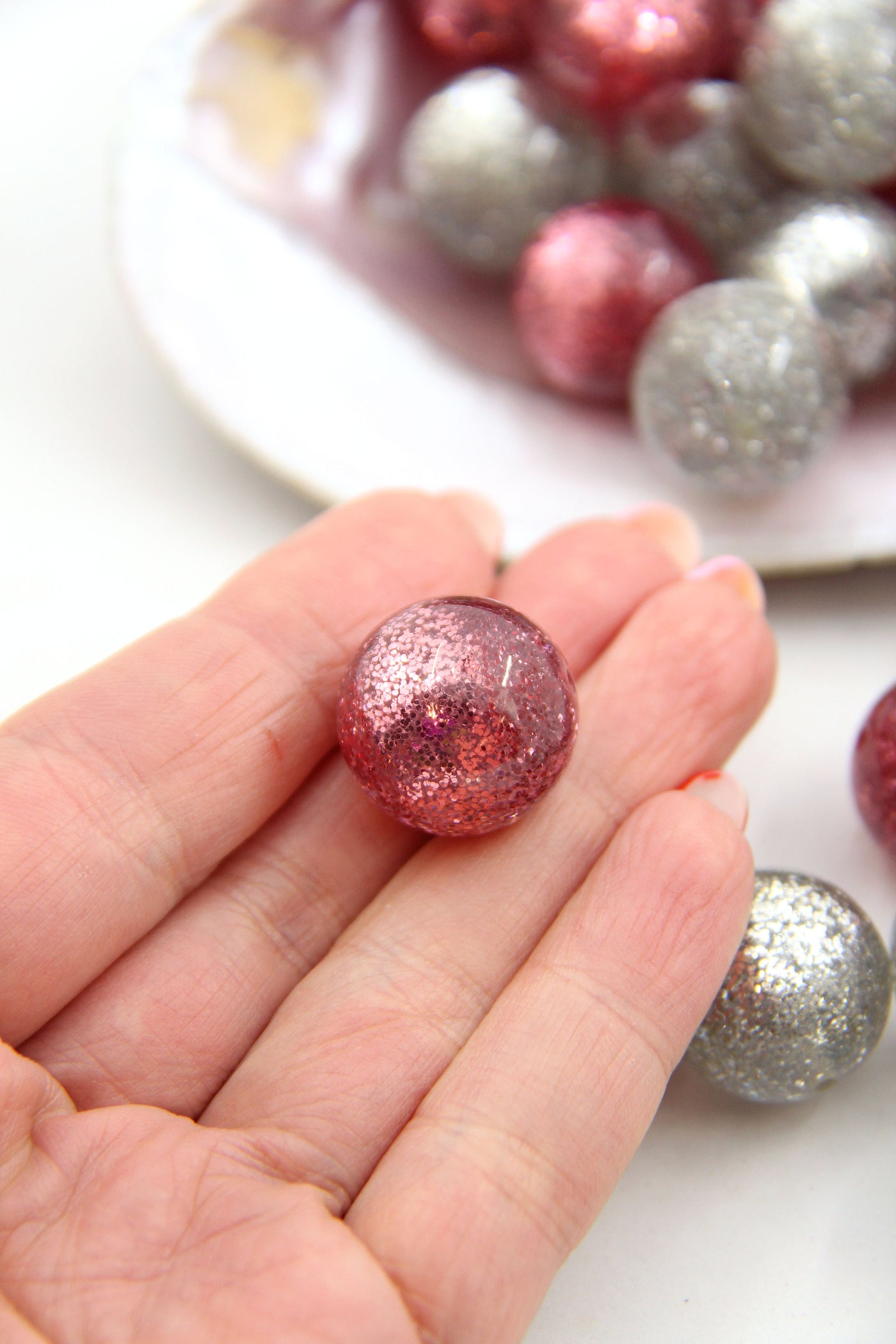 1980's style Silver and Rose colored large resin glittery beads