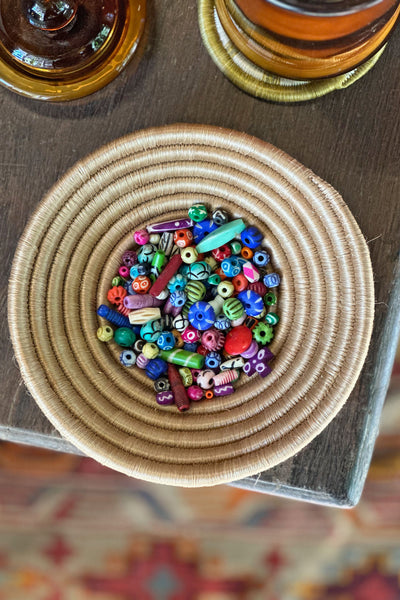Gift Set: Colorful Bead Grab Bag, Tan Basket, Table Decor