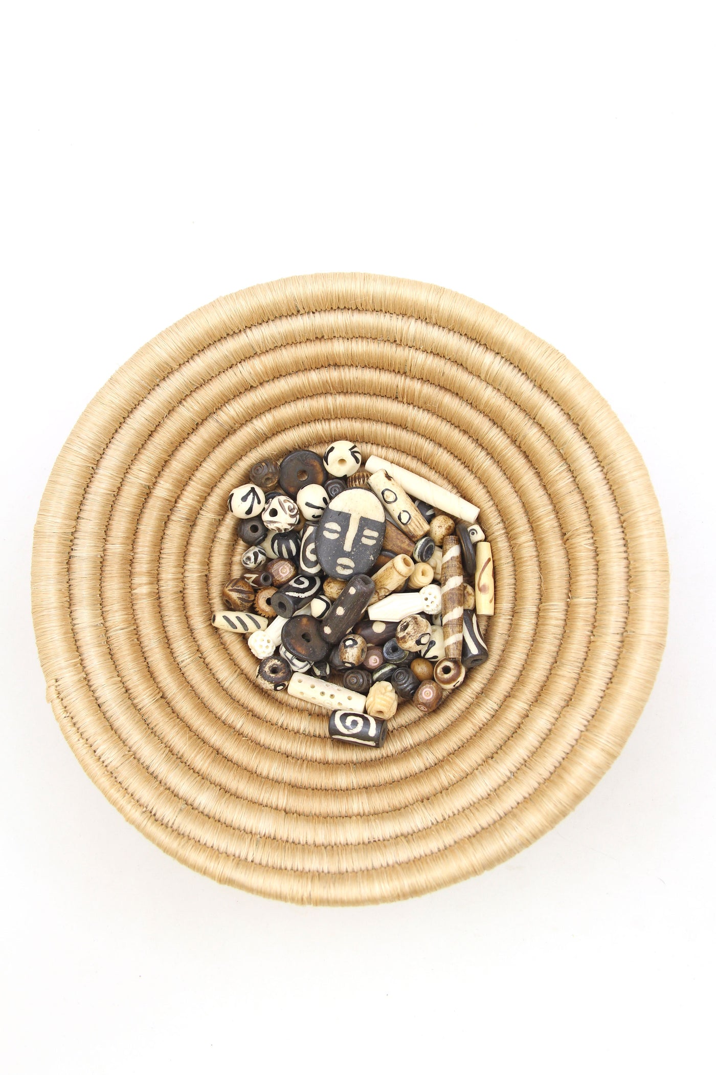 Neutral Globetrotter Gift Set: Bead Grab Bag, Handwoven Tan Basket, Table Decor