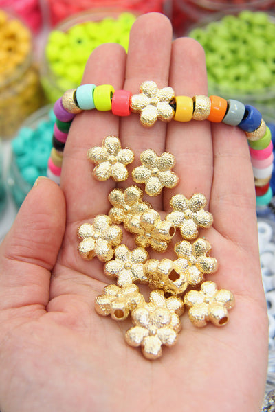 Large Hole Gold Flower Bead, Roller Beads, Gold Silver Stardust Florentine Flower Beads