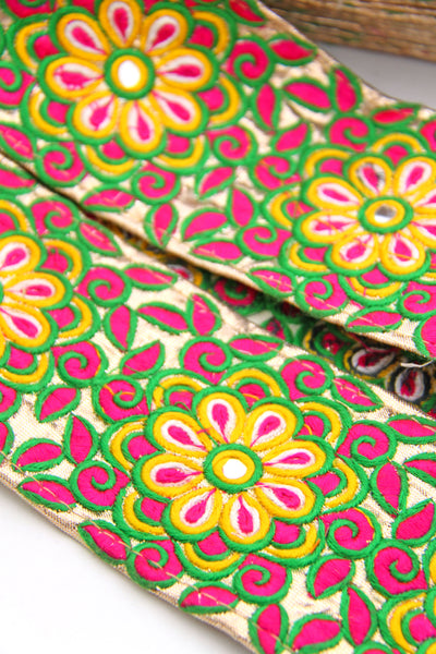 Golden Marigold Trim: Pink, Green Floral Embroidered Ribbon, 3"x1 Yard