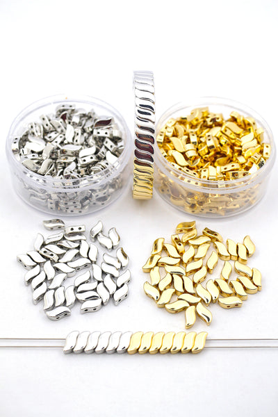 Enamel Flame Beads, Gold & Silver 2-Hole Beads for Stacking Bracelets