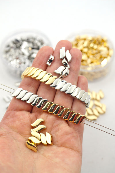 Silver and Gold Enamel Wave Beads