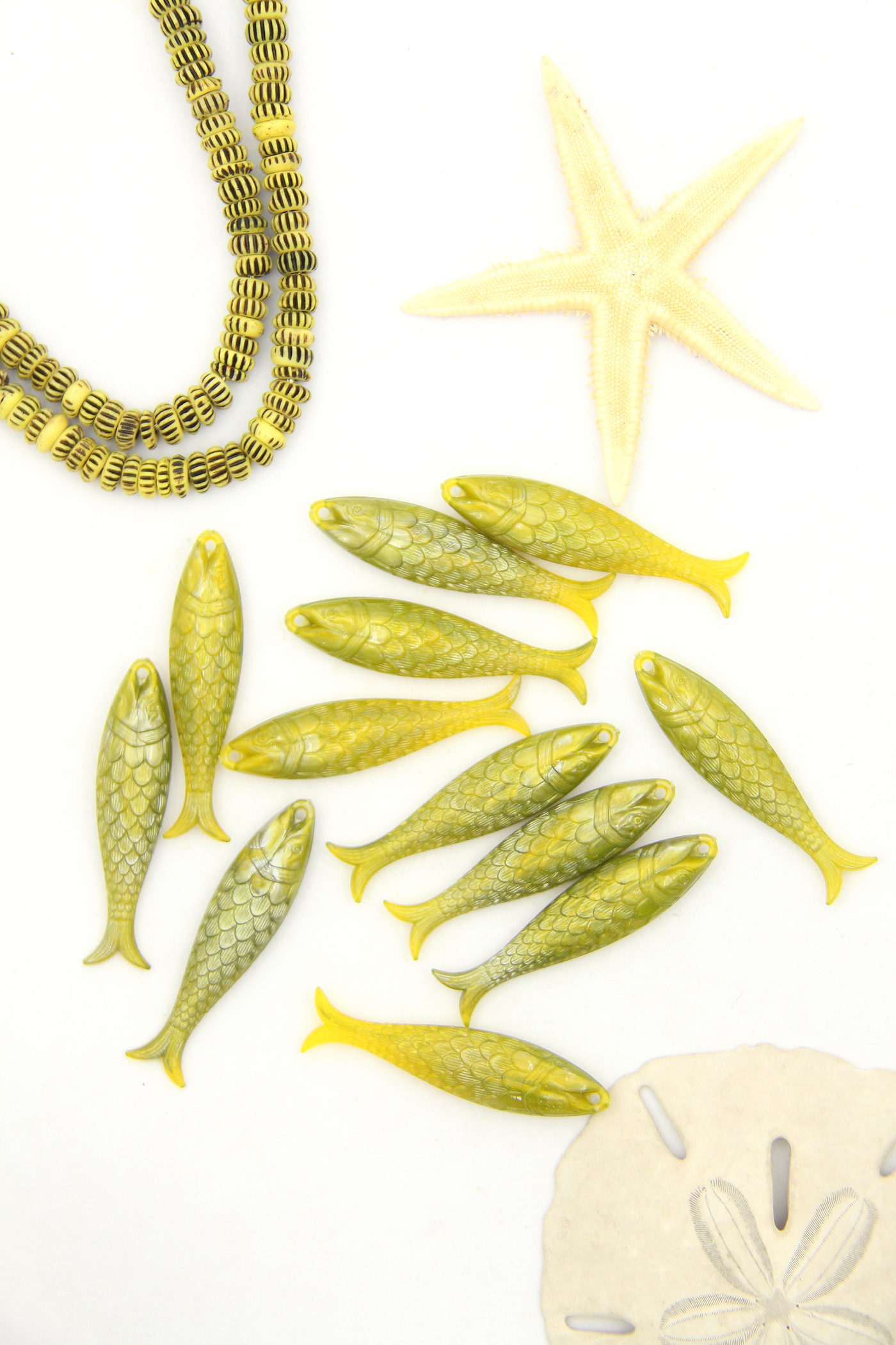 Golden Olive Fish Charm, German Resin, 48mm, 1 Pendant for making mermaid jewelry 