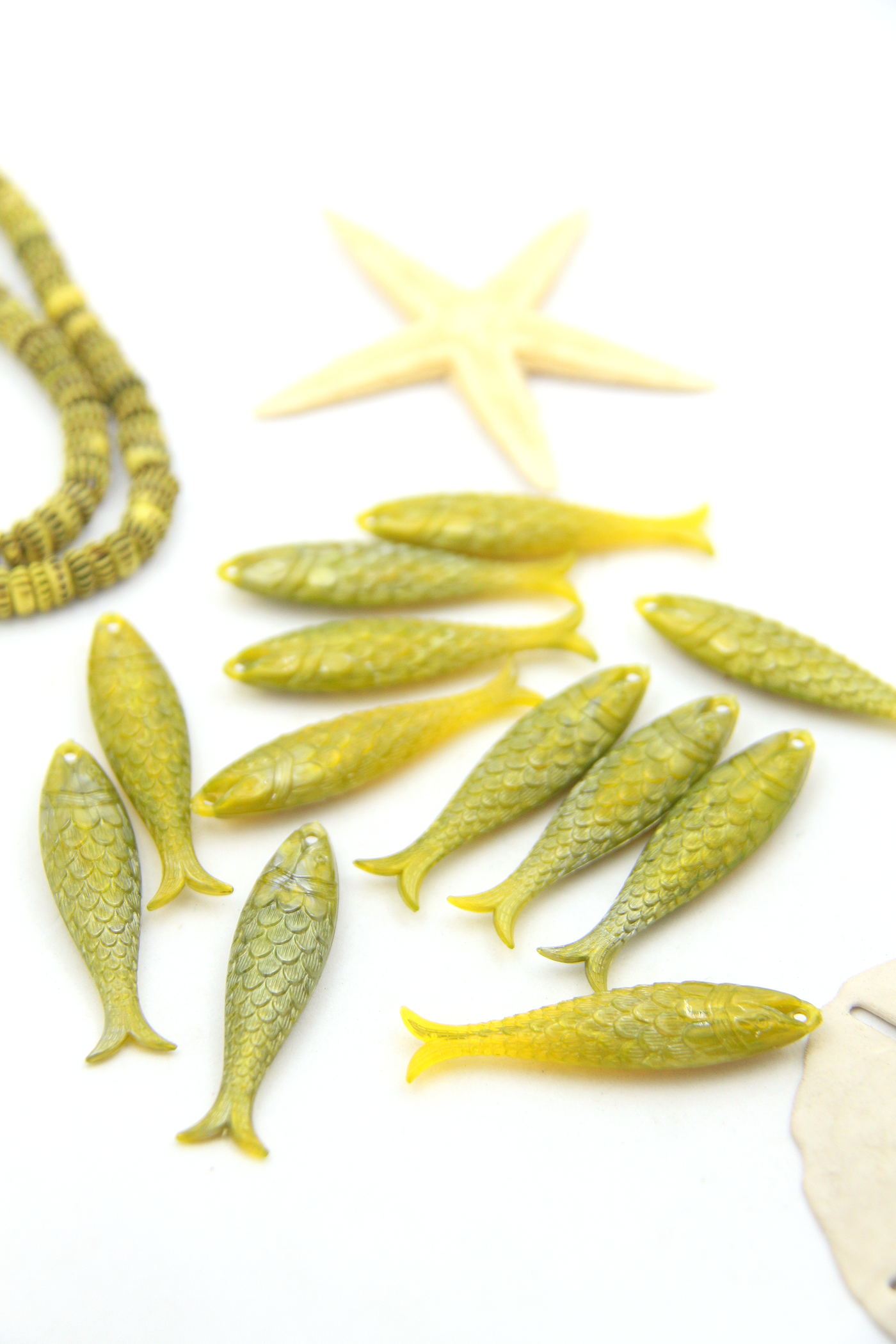 Golden Olive Fish Charm, German Resin, 48mm, 1 Pendant, Amulet, Beach Charm